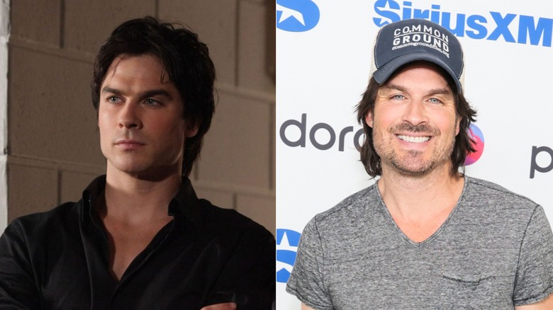 Left: Damon Salvatore smirks in The Vampire Diaries. Right: Ian Somerhalder smiles at a media event.