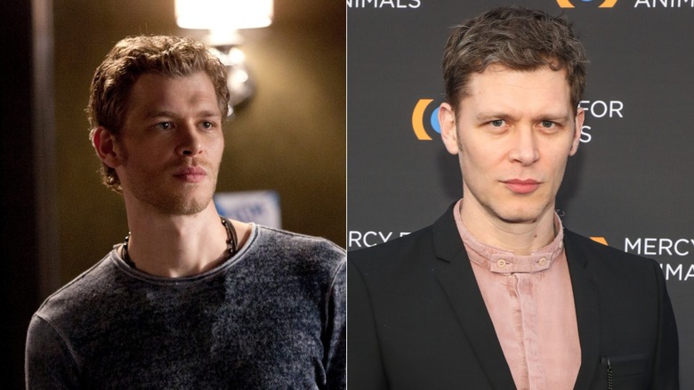 Left: Klaus frowns in The Vampire Diaries. Right: Joseph Morgan at a media event.