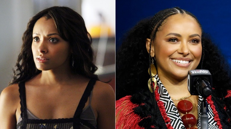 Left: Bonnie Bennett is concerned in The Vampire Diaries. Right: Kat Graham smiles in front of a microphone.