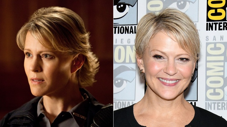 Left: Sheriff Elizabeth Forbes in uniform. Right: Marguerite MacIntyre smiles at Comic Con.