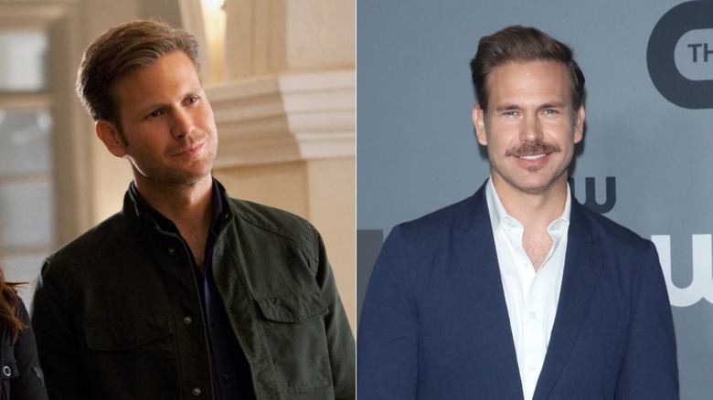 Left: Alaric Saltzman smiles in The Vampire Diaries. Right: Matthew Davis smiles on red carpet.