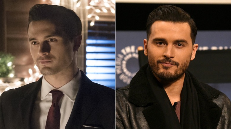 Left: Enzo St. John wears a suit in The Vampire Diaries. Right: Michael Malarkey at a media event.