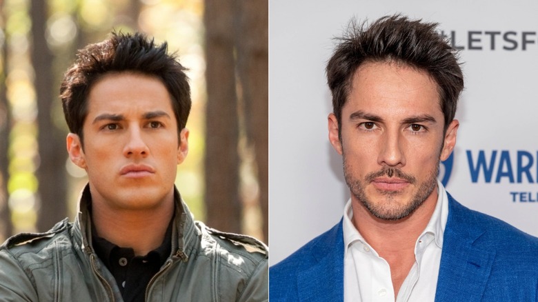 Left: Tyler Lockwood frowns in a forest in The Vampire Diaries. Right: Michael Trevino on the red carpet.