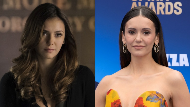 Left: Elena Gilbert smirks in The Vampire Diaries. Right: Nina Dobrev on the red carpet.