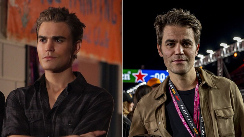 Left: Stefan Salvatore crosses his arms in The Vampire Diaries. Right: Paul Wesley smiles at a racing event.