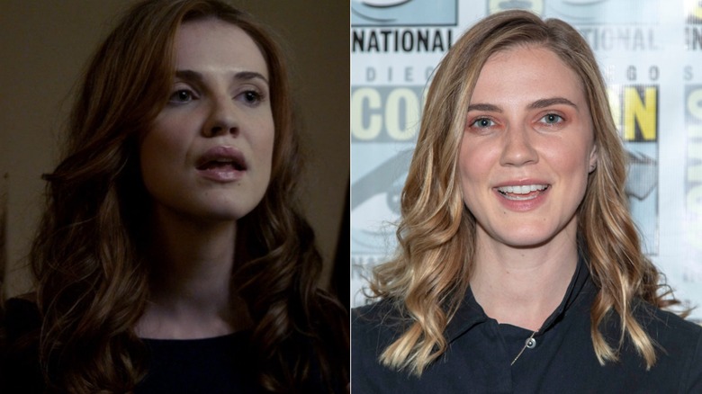 Left: Jenna Sommers opens her mouth in The Vampire Diaries. Right: Sara Canning smiles at Comic Con.