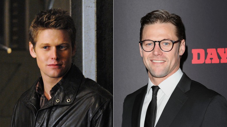 Left: Matt Donovan wears a leather jacket in The Vampire Diaries. Right: Zach Roerig smiles on the red carpet.