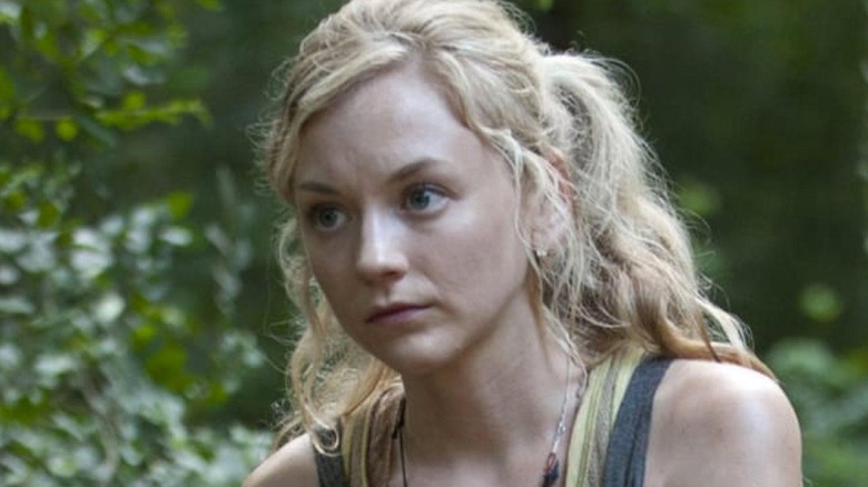 Emily Kinney as Beth Greene, in the woods in The Walking Dead.