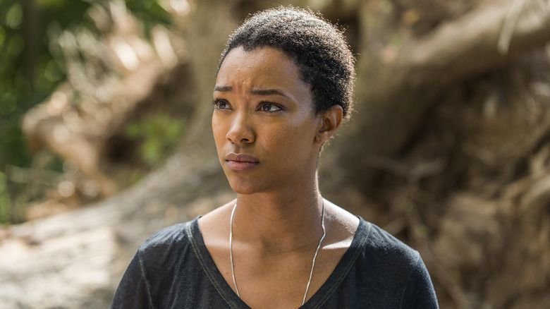 Sonequa Martin-Green as Sasha Williams, looking troubled in The Walking Dead.