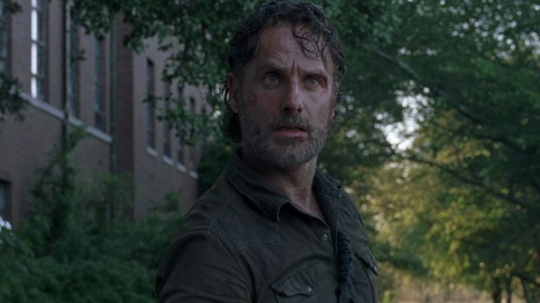 Rick lifting a brow while staring a head on The Walking Dead S8E3