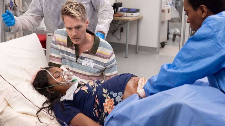 A pregnant woman giving birth in "The Pitt"