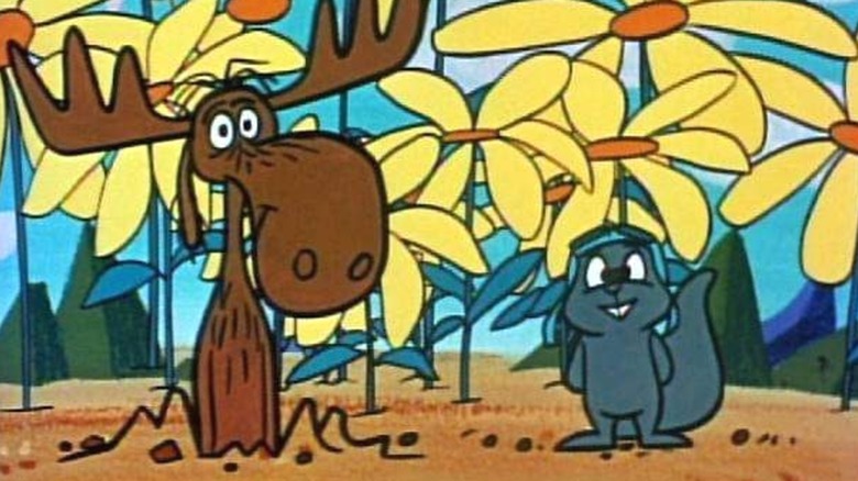 Rocky and Bullwinkle next to some flowers