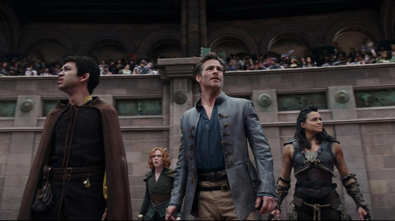 A party of adventurers enter an arena in the 2023 movie, Dungeons and Dragons: Honor Among Thieves.