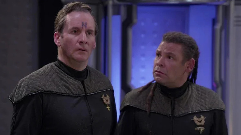 Chris Barrie as Rimmer and Craig Charles as Lister, in another awkward situation on Red Dwarf