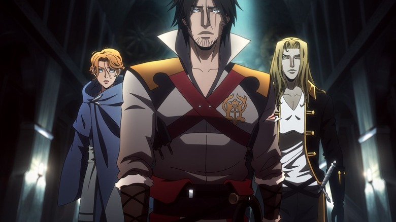 Animated characters, Alucard blonde wearing black, dark-haired Trevor Belmont, and red-haired Sypha in blue cloak in Castlevania