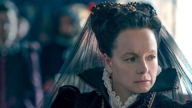 Samantha Morton as Catherine de' Medici in black dress and veil in The Serpent Queen