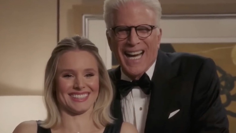 Eleanor and Michael enjoy a moment of fun in the good place (or maybe bad place)