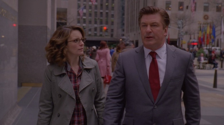 Liz Lemon and Jack Donaghy walking through Rockefeller Center on 30 Rock S5E20