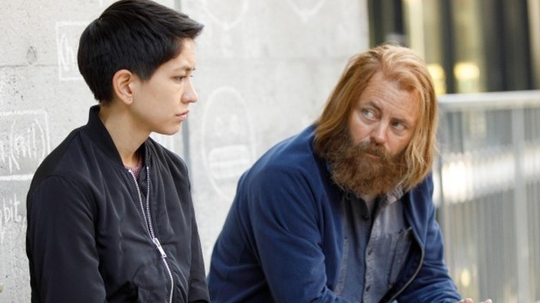 Sonoya Mizuno as Lily sitting next to Nick Offerman as Forest in Devs