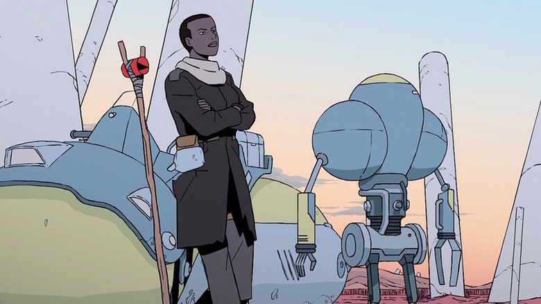 Animated character Azi standing next to robot Levi in Scavengers Reign