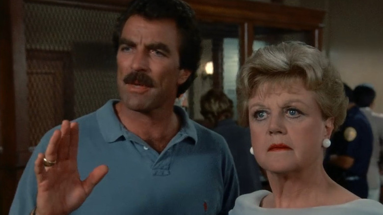 Thomas Magnum (Tom Selleck) and Jessica Fletcher (Angela Lansbury) in Murder, She Wrote