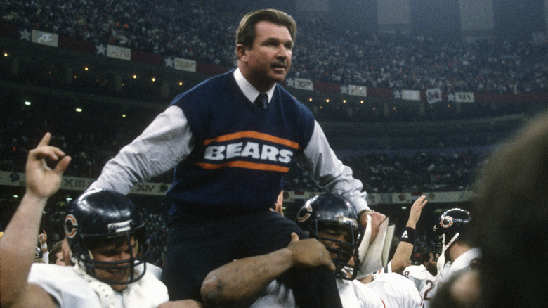 Mike Ditka being carried on the Chicago Bears' players' shoulders