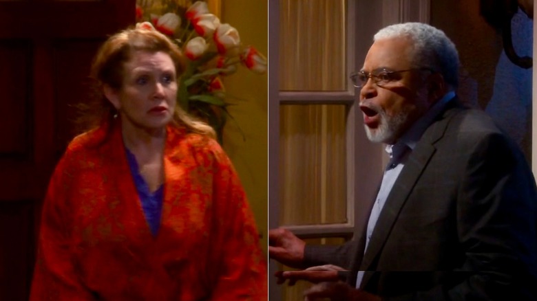 Carrie Fisher and James Earl Jones in front of Fisher's on-set home; composite image