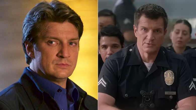 A side-by-side photo of Nathan Fillion in Castle and The Rookie.