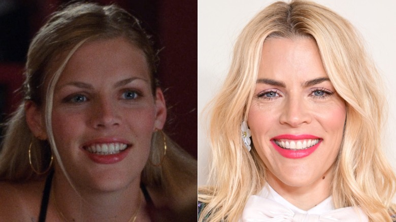 A split image of Busy Philipps as Audrey Liddell on Dawson's Creek, and on a 2025 red carpet