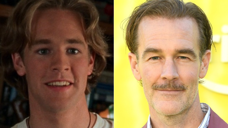 A split image of James Van Der Beek as Dawson Leery on Dawson's Creek, and on a 2025 red carpet