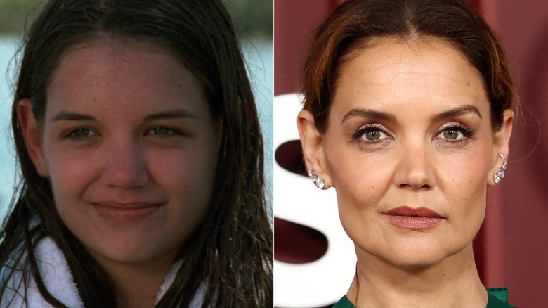 A split image of Katie Holmes as Joey Potter on Dawson's Creek and on a 2025 red carpet