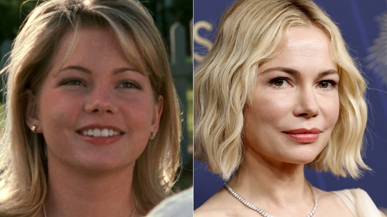 A split image of Michelle Williams as Jen Lindley on Dawson's Creek, and on a 2025 red carpet