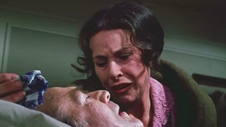 In a rare tender moment on Little House on the Prairie, Katherine McGregor's Harriet cares for sick husband Nels, played by Richard Bull.