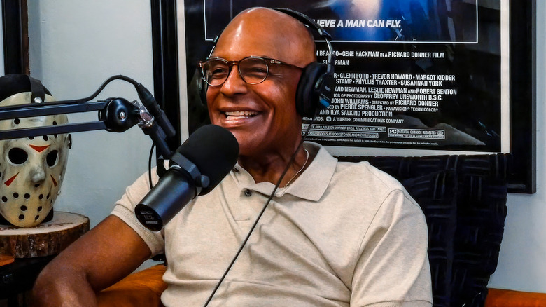 Michael Dorn speaks smiling into a microphone on Inside of You