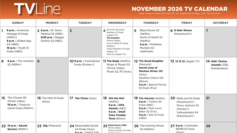November 2026 TV Premieres and Finales Calendar
