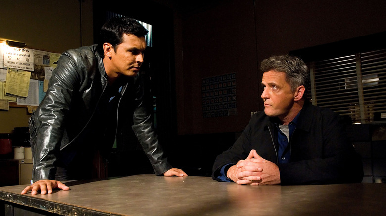 Adam Beach and Aidan Quinn pose on the set of "Law & Order: Special Victims Unit" June 13, 2007 in North Bergen, New Jersey
