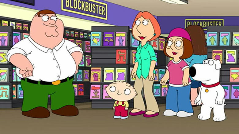 The Griffin family standing in a Blockbuster on "Family Guy"