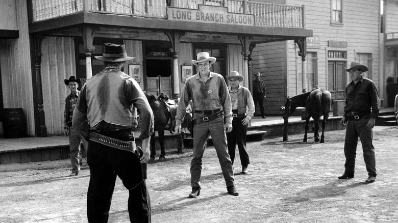 A shootout outside the Long Branch Saloon in "Gunsmoke"