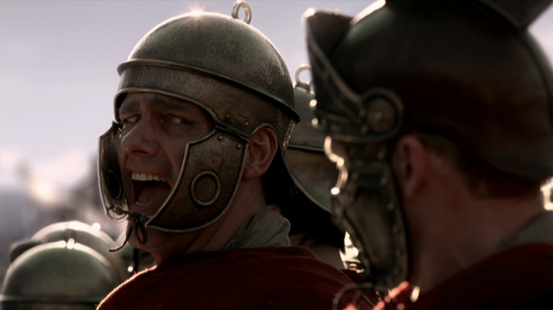 Titus Pullo yells as he looks across at Lucius Vorenus on Rome (2005-2007)
