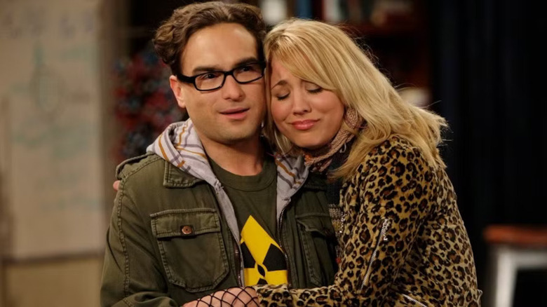 Penny hugging Leonard Hofstadter on The Big Bang Theory.
