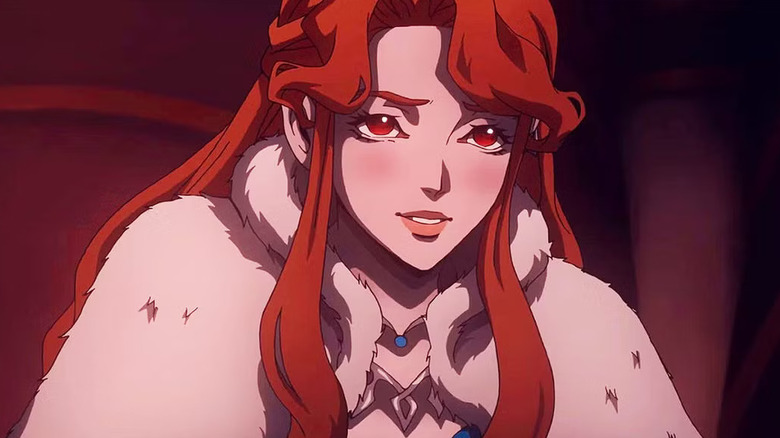 Lenore leaning forward in a fur coat in "Castlevania" (2020-2021)