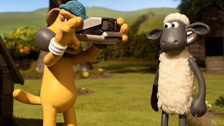 Shaun smiles for a photo being taken by Bitzer on Shaun the Sheep.