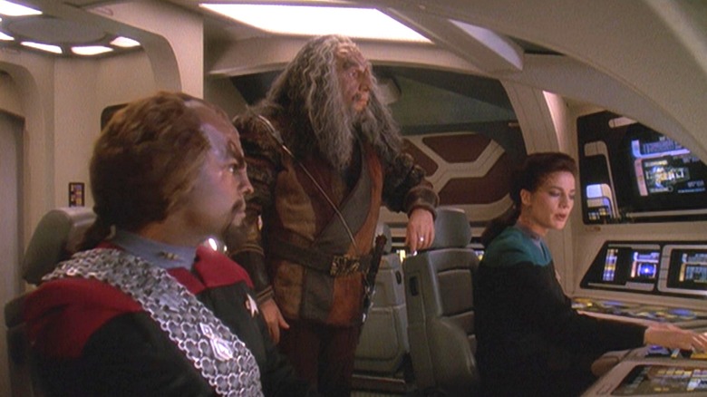 Worf, Kor, and Dax in a shuttlecraft on "Star Trek: Deep Space Nine"