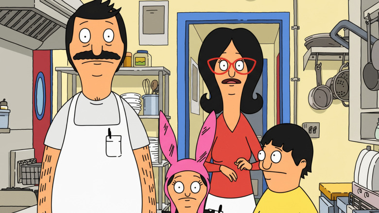 Bob Belcher (H. Jon Benjamin), Louise Belcher (Kristen Schaal), Linda Becher (John Roberts), Gene Belcher (Eugene Mirman) in Bob's Burgers.