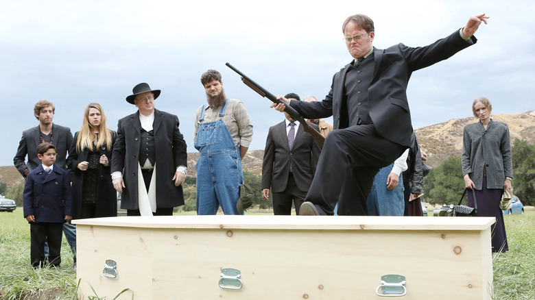 Dwight Schrute and others around Aunt Shirley's coffin on The Office (2005-2013)