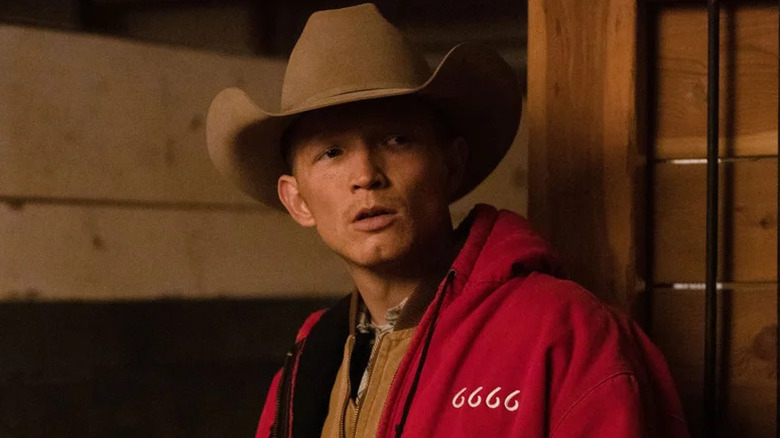 Jefferson White's Jimmy Hurdstrom wearing a red 6666 hoodie on Yellowstone