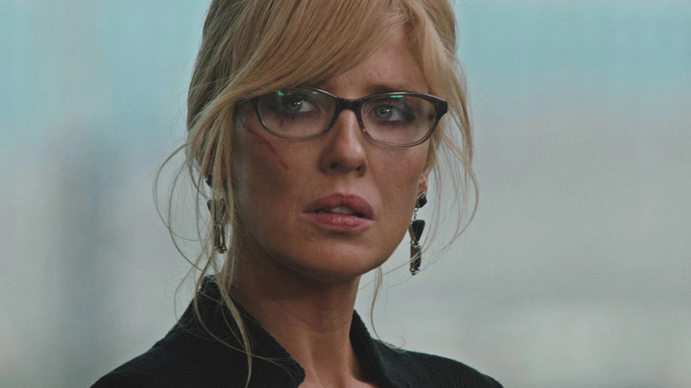 A scarred and upset Beth Dutton (Kelly Reilly) stares uneasily in Yellowstone