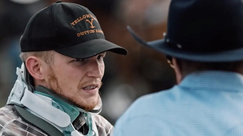 Jimmy Hurdstrom (Jefferson White) speaks to John Dutton (Kevin Costner) while in a neck brace in Yellowstone