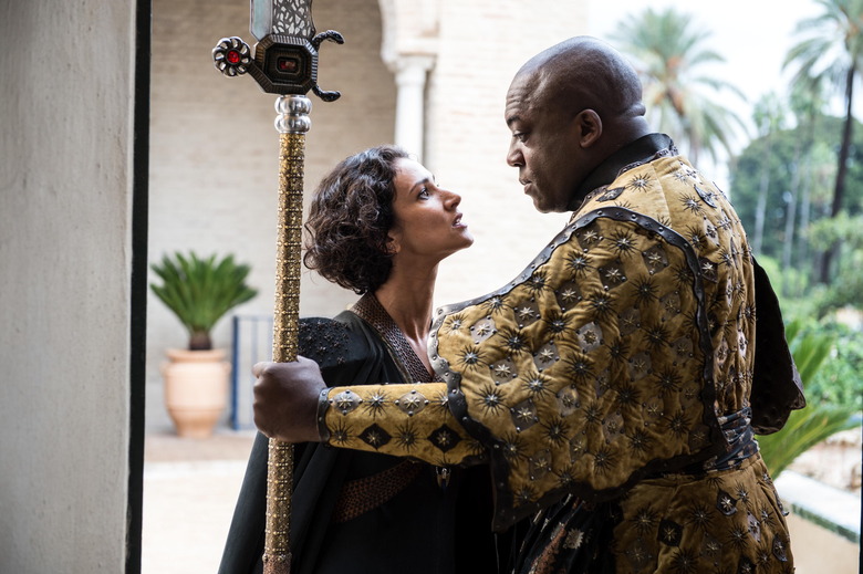 Indira Varma as Ellaria Sand and Deobia Opaeri as Areo Hotah_ photo Macall B. Polay_HBO
