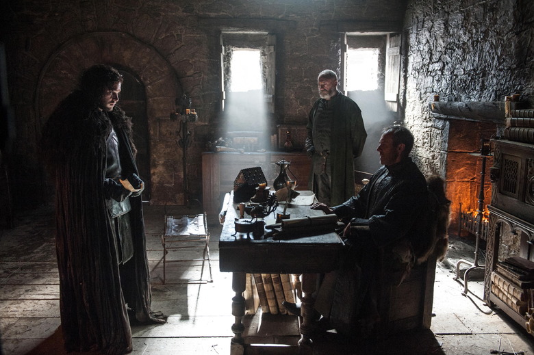 Kit Harington as Jon Snow, Stephen Dillane as Stannis Baratheon and Liam Cunningham as Davos Seaworth _ photo Helen Sloan_HBO